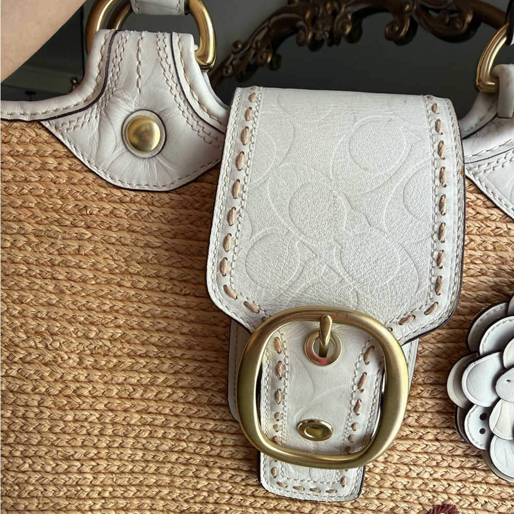 Coach Bleecker Straw Tote with White Trim and Floral Applique - Picture 3 of 9